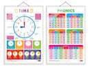 Set of 2 TIME and PHONICS - 1 Early Learning Educational Charts for Kids | 20"X30" inch |Non-Tearable and Waterproof | Double Sided Laminated | Perfect for Homeschooling, Kindergarten and Nursery Students