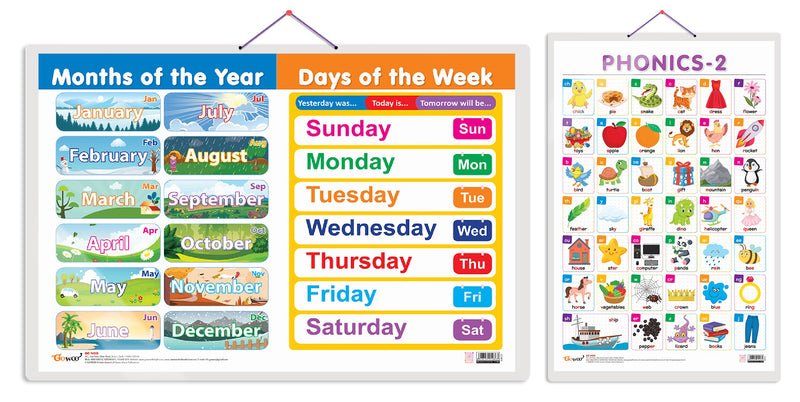 Set of 2 MONTHS OF THE YEAR AND DAYS OF THE WEEK and PHONICS - 2 Early Learning Educational Charts for Kids | 20"X30" inch |Non-Tearable and Waterproof | Double Sided Laminated | Perfect for Homeschooling, Kindergarten and Nursery Students