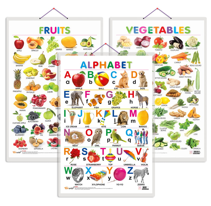 Set of 3 Alphabet, Fruits and Vegetables Early Learning Educational Charts for Kids | 20"X30" inch |Non-Tearable and Waterproof | Double Sided Laminated | Perfect for Homeschooling, Kindergarten and Nursery Students