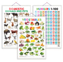 Set of 3 Vegetables, Domestic Animals and Pets and Numbers 1-100 Early Learning Educational Charts for Kids | 20"X30" inch |Non-Tearable and Waterproof | Double Sided Laminated | Perfect for Homeschooling, Kindergarten and Nursery Students