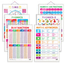 Set of 6 TIME, SUBTRACTION, NUMBERS AND FRACTIONS, MATHS KEYWORDS, PHONICS - 1 and PHONICS - 2 Early Learning Educational Charts for Kids