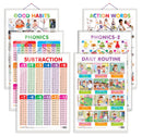 Set of 6 Good Habits, Action Words, SUBTRACTION, DAILY ROUTINE, PHONICS - 1 and PHONICS - 2 Early Learning Educational Charts for Kids