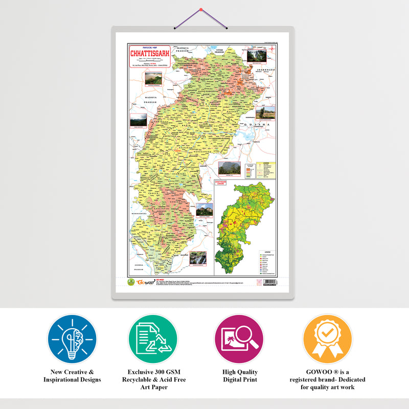 GOWOO - 2 IN 1 CHATTISGARH POLITICAL AND PHYSICAL Map IN ENGLISH