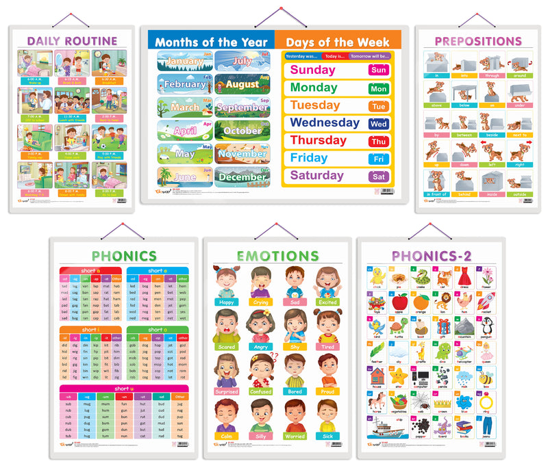 Set of 6 MONTHS OF THE YEAR AND DAYS OF THE WEEK, EMOTIONS, DAILY ROUTINE, PREPOSITIONS, PHONICS - 1 and PHONICS - 2 Early Learning Educational Charts for Kids