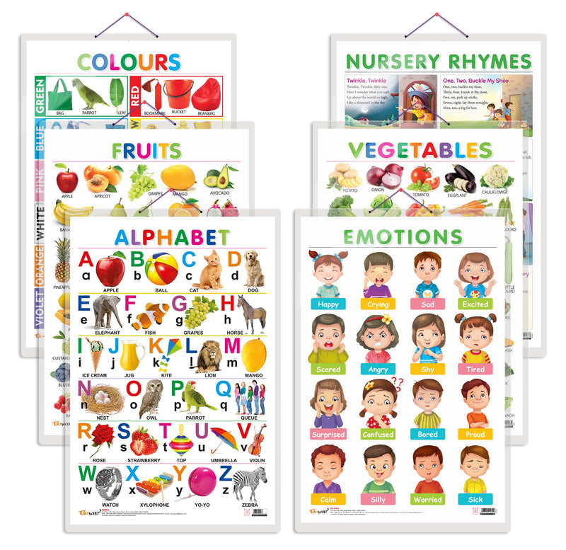 Set of 6 Alphabet, Fruits, Vegetables, Colours, EMOTIONS and NURSERY RHYMES Early Learning Educational Charts for Kids | 20"X30" inch |Non-Tearable and Waterproof | Double Sided Laminated | Perfect for Homeschooling, Kindergarten and Nursery Students