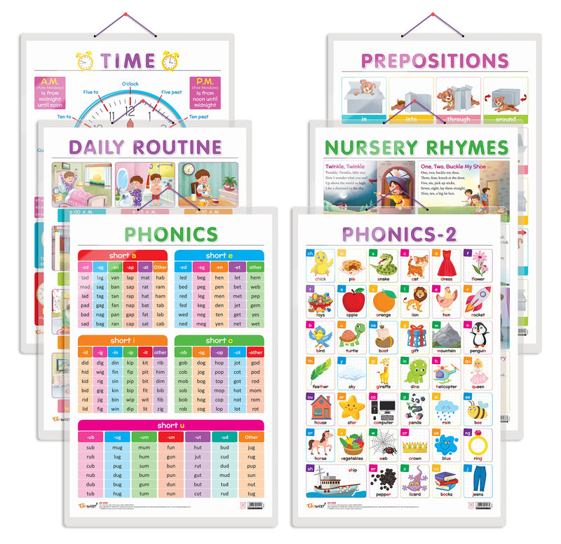Set of 6 TIME, DAILY ROUTINE, NURSERY RHYMES, PREPOSITIONS, PHONICS - 1 and PHONICS - 2 Early Learning Educational Charts for Kids