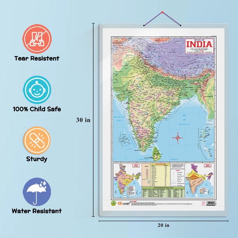 GOWOO - 2 IN 1 INDIA POLITICAL AND PHYSICAL MAP IN ENGLISH