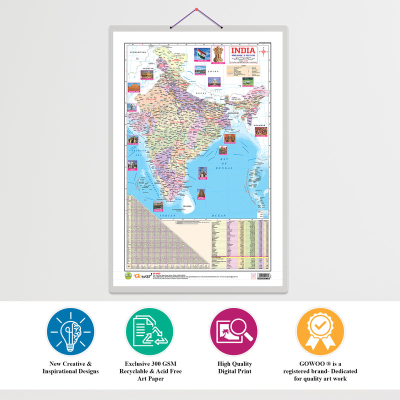 GOWOO - 2 IN 1 INDIA POLITICAL AND PHYSICAL MAP IN ENGLISH