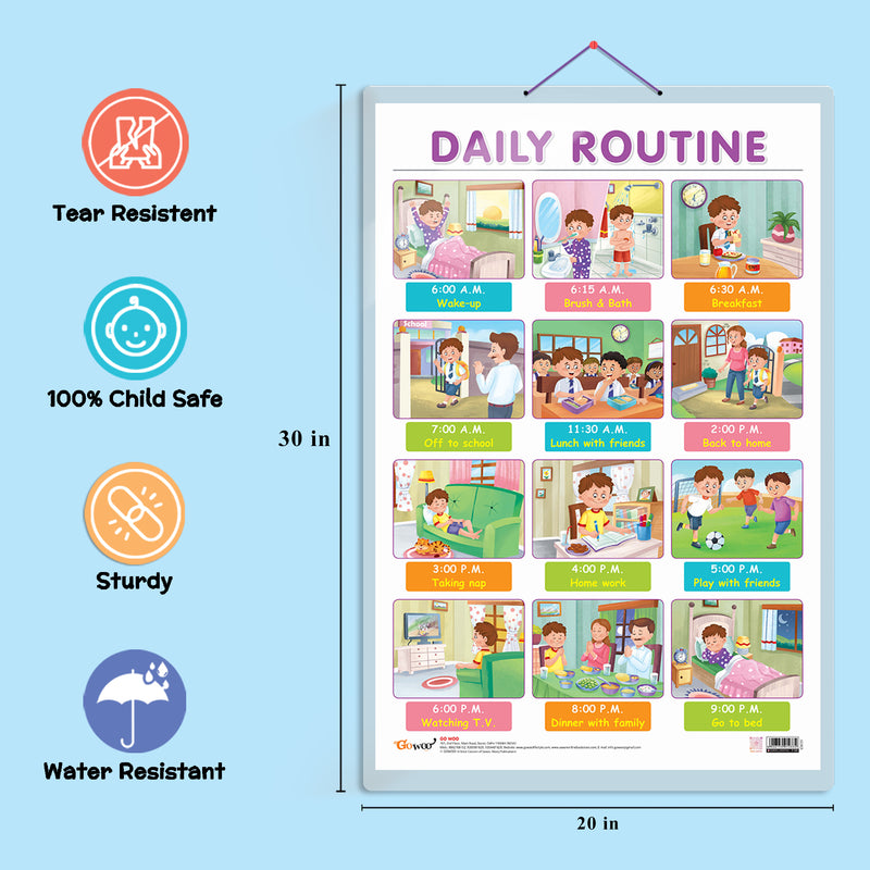 Set of 3 ADDITION, NUMBERS AND FRACTIONS and DAILY ROUTINE Early Learning Educational Charts for Kids | 20"X30" inch |Non-Tearable and Waterproof | Double Sided Laminated | Perfect for Homeschooling, Kindergarten and Nursery Students