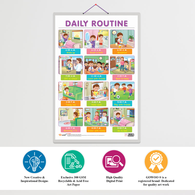 Set of 3 ADDITION, NUMBERS AND FRACTIONS and DAILY ROUTINE Early Learning Educational Charts for Kids | 20"X30" inch |Non-Tearable and Waterproof | Double Sided Laminated | Perfect for Homeschooling, Kindergarten and Nursery Students