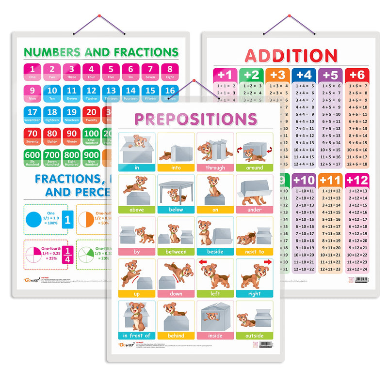 Set of 3 ADDITION, NUMBERS AND FRACTIONS and PREPOSITIONS Early Learning Educational Charts for Kids | 20"X30" inch |Non-Tearable and Waterproof | Double Sided Laminated | Perfect for Homeschooling, Kindergarten and Nursery Students