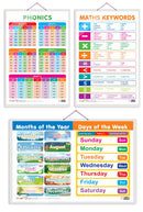 Set of 3 MATHS KEYWORDS, MONTHS OF THE YEAR AND DAYS OF THE WEEK and PHONICS - 1 Early Learning Educational Charts for Kids | 20"X30" inch |Non-Tearable and Waterproof | Double Sided Laminated | Perfect for Homeschooling, Kindergarten and Nursery Students