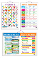 Set of 3 MATHS KEYWORDS, MONTHS OF THE YEAR AND DAYS OF THE WEEK and PHONICS - 2 Early Learning Educational Charts for Kids | 20"X30" inch |Non-Tearable and Waterproof | Double Sided Laminated | Perfect for Homeschooling, Kindergarten and Nursery Students