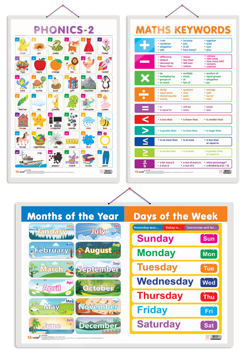 Set of 3 MATHS KEYWORDS, MONTHS OF THE YEAR AND DAYS OF THE WEEK and PHONICS - 2 Early Learning Educational Charts for Kids | 20"X30" inch |Non-Tearable and Waterproof | Double Sided Laminated | Perfect for Homeschooling, Kindergarten and Nursery Students
