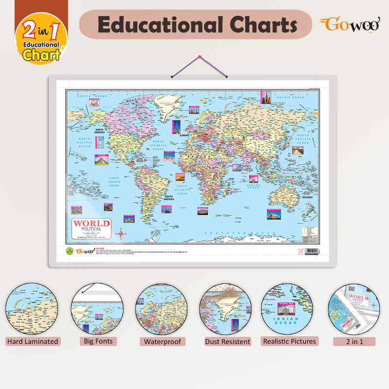 GOWOO - 2 IN 1 WORLD POLITICAL AND PHYSICAL MAP IN ENGLISH