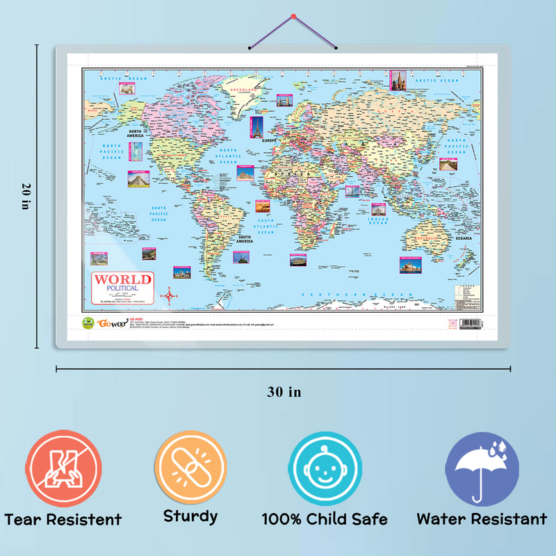 GOWOO - 2 IN 1 WORLD POLITICAL AND PHYSICAL MAP IN ENGLISH