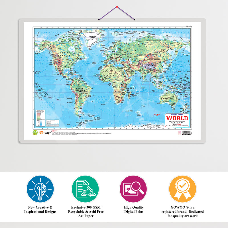 GOWOO - 2 IN 1 WORLD POLITICAL AND PHYSICAL MAP IN ENGLISH