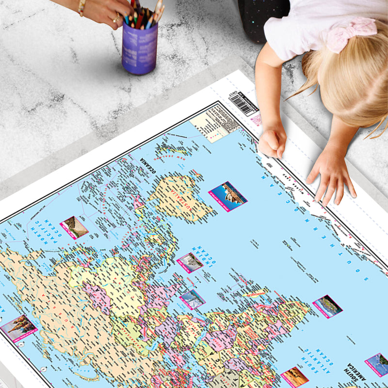 GOWOO - 2 IN 1 WORLD POLITICAL AND PHYSICAL MAP IN ENGLISH