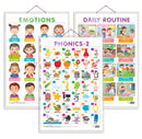 Set of 3 EMOTIONS, DAILY ROUTINE and PHONICS - 2 Early Learning Educational Charts for Kids | 20"X30" inch |Non-Tearable and Waterproof | Double Sided Laminated | Perfect for Homeschooling, Kindergarten and Nursery Students