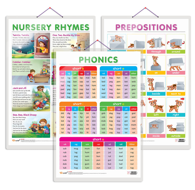 Set of 3 NURSERY RHYMES, PREPOSITIONS and PHONICS - 1 Early Learning Educational Charts for Kids | 20"X30" inch |Non-Tearable and Waterproof | Double Sided Laminated | Perfect for Homeschooling, Kindergarten and Nursery Students
