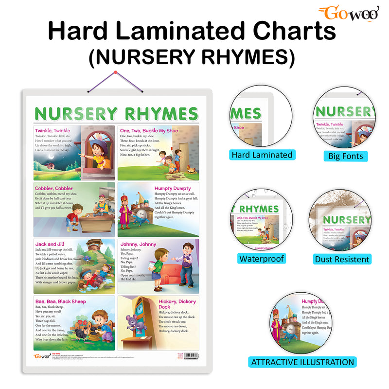 Set of 3 NURSERY RHYMES, PREPOSITIONS and PHONICS - 1 Early Learning Educational Charts for Kids | 20"X30" inch |Non-Tearable and Waterproof | Double Sided Laminated | Perfect for Homeschooling, Kindergarten and Nursery Students