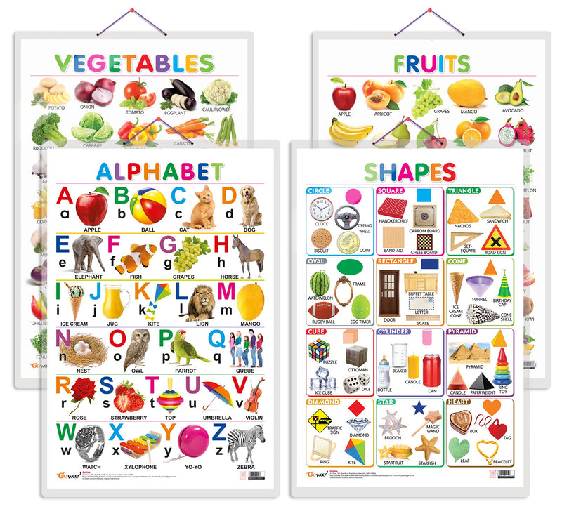 Set of 4 Alphabet, Fruits, Vegetables and Shapes Early Learning Educational Charts for Kids | 20"X30" inch |Non-Tearable and Waterproof | Double Sided Laminated | Perfect for Homeschooling, Kindergarten and Nursery Students