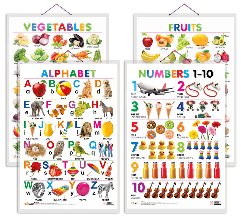 Set of 4 Alphabet, Fruits, Vegetables and Numbers 1-10 Early Learning Educational Charts for Kids | 20"X30" inch |Non-Tearable and Waterproof | Double Sided Laminated | Perfect for Homeschooling, Kindergarten and Nursery Students