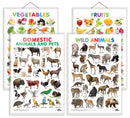 Set of 4 Fruits, Vegetables, Domestic Animals and Pets and Wild Animals Early Learning Educational Charts for Kids | 20"X30" inch |Non-Tearable and Waterproof | Double Sided Laminated | Perfect for Homeschooling, Kindergarten and Nursery Students