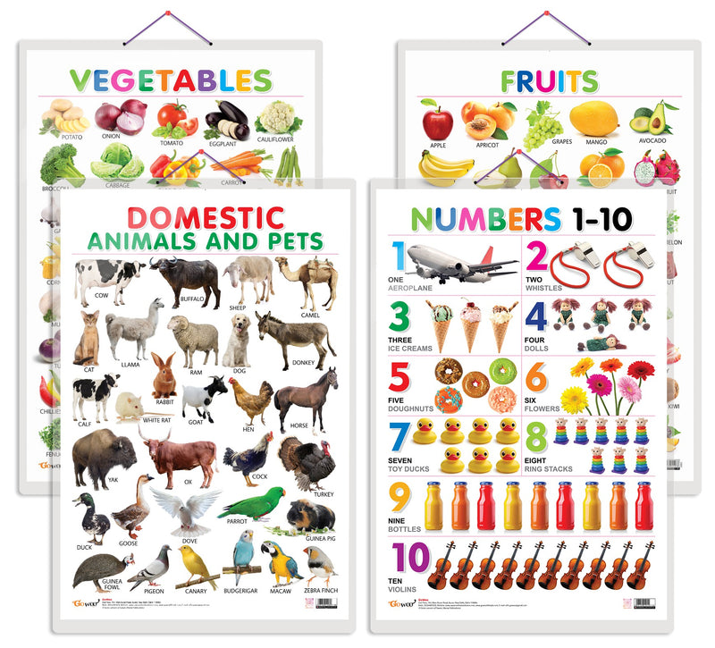 Set of 4 Fruits, Vegetables, Domestic Animals and Pets and Numbers 1-10 Early Learning Educational Charts for Kids | 20"X30" inch |Non-Tearable and Waterproof | Double Sided Laminated | Perfect for Homeschooling, Kindergarten and Nursery Students