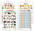 Set of 4 Fruits, Vegetables, Domestic Animals and Pets and Numbers 1-100 Early Learning Educational Charts for Kids | 20"X30" inch |Non-Tearable and Waterproof | Double Sided Laminated | Perfect for Homeschooling, Kindergarten and Nursery Students