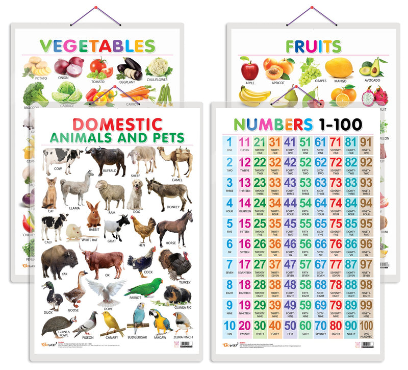Set of 4 Fruits, Vegetables, Domestic Animals and Pets and Numbers 1-100 Early Learning Educational Charts for Kids | 20"X30" inch |Non-Tearable and Waterproof | Double Sided Laminated | Perfect for Homeschooling, Kindergarten and Nursery Students