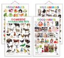 Set of 4 Vegetables, Domestic Animals and Pets, Wild Animals and Good Habits Early Learning Educational Charts for Kids | 20"X30" inch |Non-Tearable and Waterproof | Double Sided Laminated | Perfect for Homeschooling, Kindergarten and Nursery Students