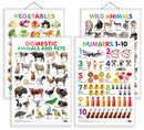 Set of 4 Vegetables, Domestic Animals and Pets, Wild Animals and Numbers 1-10 Early Learning Educational Charts for Kids | 20"X30" inch |Non-Tearable and Waterproof | Double Sided Laminated | Perfect for Homeschooling, Kindergarten and Nursery Students
