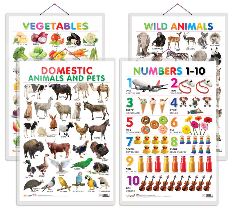 Set of 4 Vegetables, Domestic Animals and Pets, Wild Animals and Numbers 1-10 Early Learning Educational Charts for Kids | 20"X30" inch |Non-Tearable and Waterproof | Double Sided Laminated | Perfect for Homeschooling, Kindergarten and Nursery Students