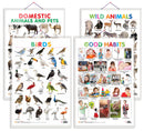 Set of 4 Domestic Animals and Pets, Wild Animals, Birds and Good Habits Early Learning Educational Charts for Kids | 20"X30" inch |Non-Tearable and Waterproof | Double Sided Laminated | Perfect for Homeschooling, Kindergarten and Nursery Students