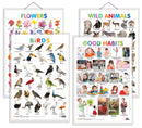 Set of 4 Wild Animals, Birds, Flowers and Good Habits Early Learning Educational Charts for Kids | 20"X30" inch |Non-Tearable and Waterproof | Double Sided Laminated | Perfect for Homeschooling, Kindergarten and Nursery Students