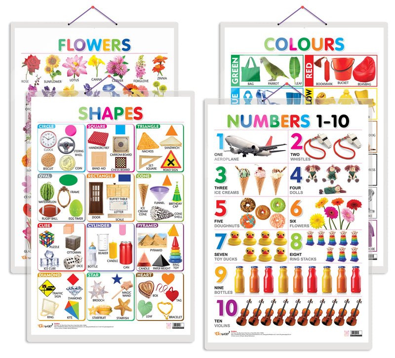 Set of 4 Flowers, Colours, Shapes and Numbers 1-10 Early Learning Educational Charts for Kids | 20"X30" inch |Non-Tearable and Waterproof | Double Sided Laminated | Perfect for Homeschooling, Kindergarten and Nursery Students