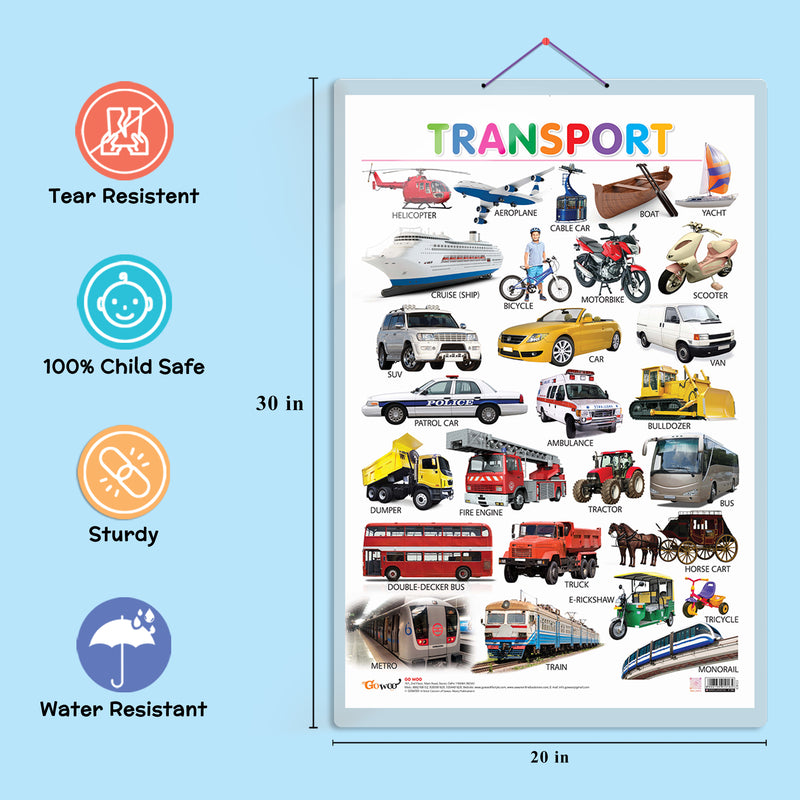 Set of 4 Action Words, Transport, Numbers 1-10 and Numbers 1-100 Early Learning Educational Charts for Kids | 20"X30" inch |Non-Tearable and Waterproof | Double Sided Laminated | Perfect for Homeschooling, Kindergarten and Nursery Students