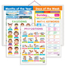 Set of 4 MATHS KEYWORDS, MONTHS OF THE YEAR AND DAYS OF THE WEEK, EMOTIONS and PREPOSITIONS Early Learning Educational Charts for Kids