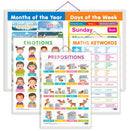 Set of 4 MATHS KEYWORDS, MONTHS OF THE YEAR AND DAYS OF THE WEEK, EMOTIONS and PREPOSITIONS Early Learning Educational Charts for Kids