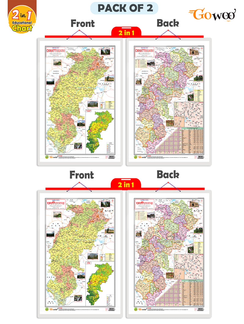Set of 2 | 2 IN 1 CHATTISGARH POLITICAL Map AND PHYSICAL Map IN ENGLISH and 2 IN 1 CHATTISGARH POLITICAL Map AND PHYSICAL Map IN HINDI Educational Charts