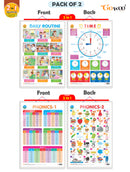 Set of 2 | 2 IN 1 DAILY ROUTINE AND TIME and 2 IN 1 PHONICS 1 AND PHONICS 2 Early Learning Educational Charts for Kids | 20"X30" inch |Non-Tearable and Waterproof | Double Sided Laminated | Perfect for Homeschooling, Kindergarten and Nursery Students