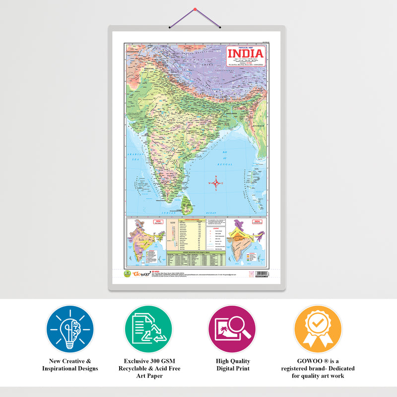 Set of 2 | 2 IN 1 INDIA POLITICAL AND PHYSICAL MAP IN ENGLISH and 2 IN 1 INDIA POLITICAL AND PHYSICAL MAP IN HINDI Educational Charts