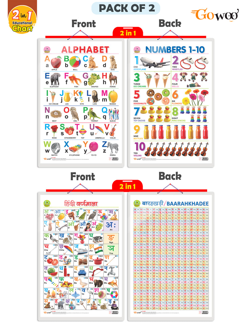 Set of 2 | 2 IN 1 ALPHABET AND NUMBER 1-10 and 2 IN 1 HINDI VARNMALA AND BAARAHKHADEE Early Learning Educational Charts for Kids