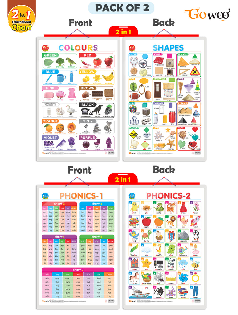 Set of 2 | 2 IN 1 COLOURS AND SHAPES and 2 IN 1 PHONICS 1 AND PHONICS 2 Early Learning Educational Charts for Kids | 20"X30" inch |Non-Tearable and Waterproof | Double Sided Laminated | Perfect for Homeschooling, Kindergarten and Nursery Students