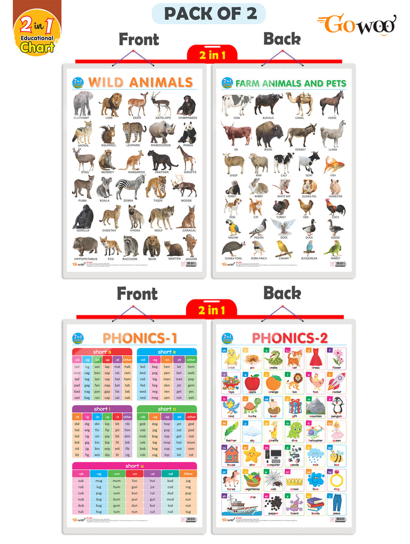Set of 2 |2 IN 1 WILD AND FARM ANIMALS & PETS and 2 IN 1 PHONICS 1 AND PHONICS 2 Early Learning Educational Charts for Kids|  20"X30" inch |Non-Tearable and Waterproof| Double Sided Laminated | Perfect for Homeschooling, Kindergarten and Nursery Students