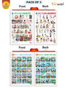 Set of 2 |2 IN 1 GOOD HABITS AND ACTION WORDS and 2 IN 1 BENNY LEARNS TO LOVE PLANTS AND BENNY SAVES THE TREE Early Learning Educational Charts for Kids|