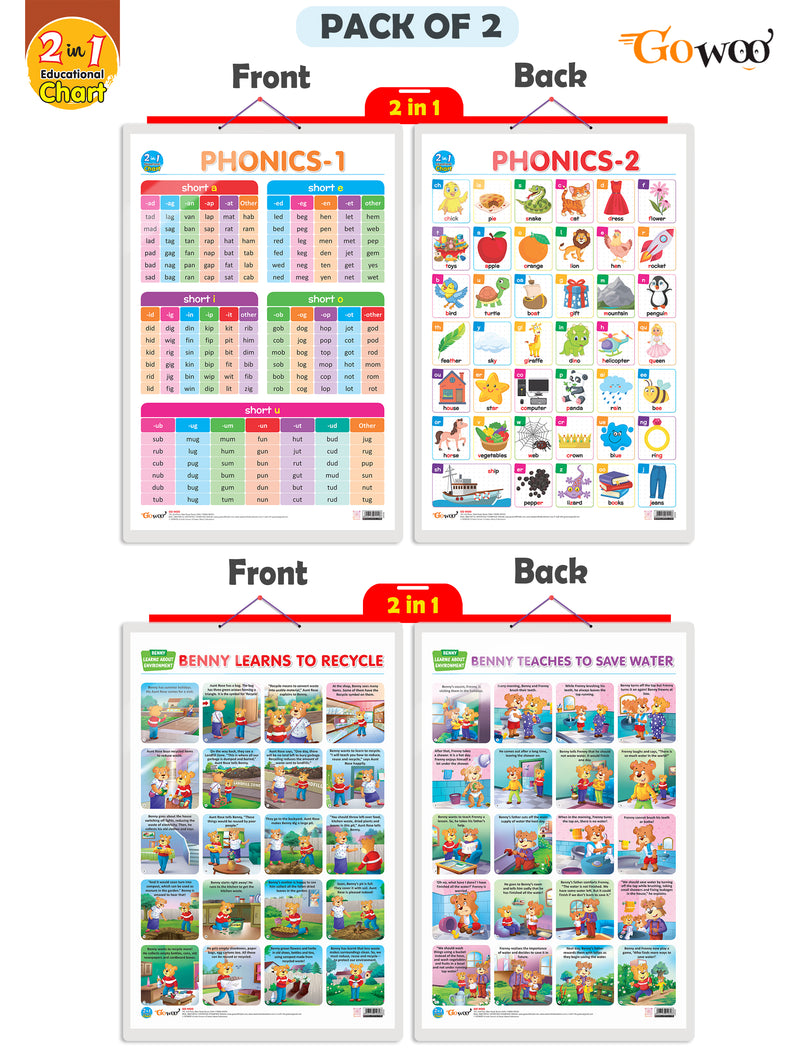 Set of 2 |2 IN 1 PHONICS 1 AND PHONICS 2 and 2 IN 1 BENNY LEARNS TO RECYCLE AND BENNY TEACHES TO SAVE WATER  Early Learning Educational Charts for Kids |