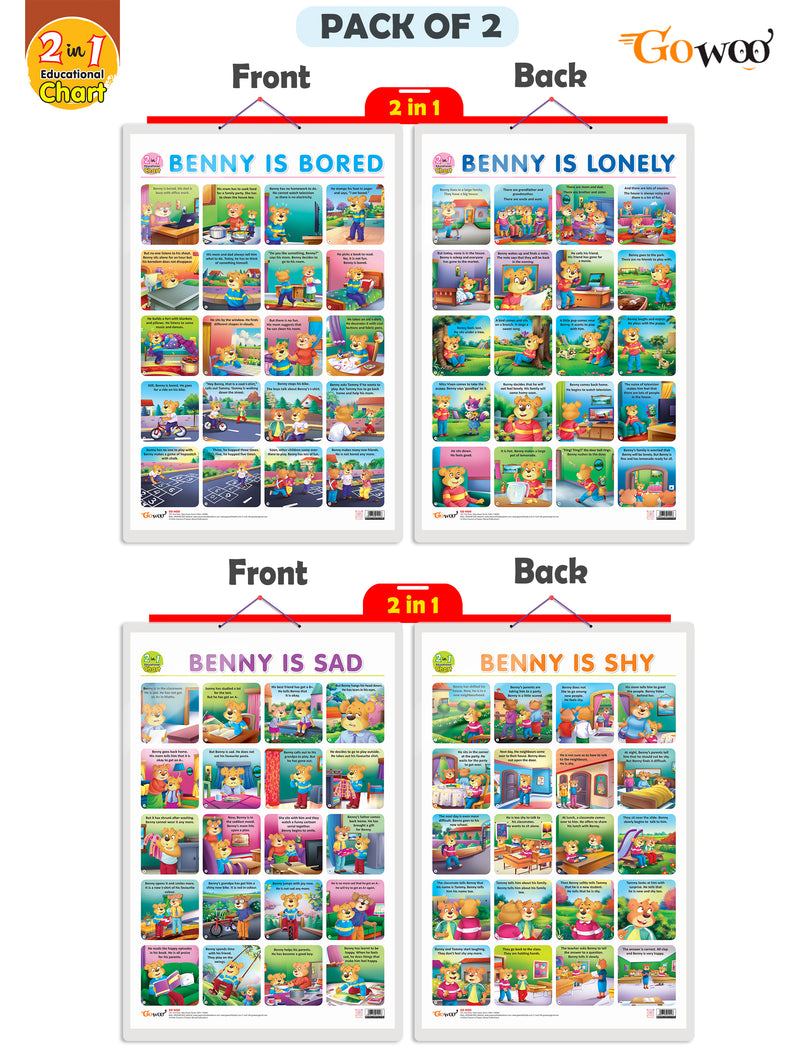Set of 2 | 2 IN 1 BENNY IS BORED AND BENNY IS LONELY and 2 IN 1 BENNY IS SAD AND BENNY IS SHY Early Learning Educational Charts for Kids