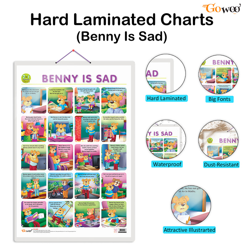 Set of 2 | 2 IN 1 BENNY IS BORED AND BENNY IS LONELY and 2 IN 1 BENNY IS SAD AND BENNY IS SHY Early Learning Educational Charts for Kids